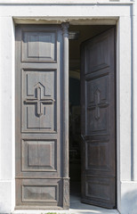 Church door closeup in Smartno medieval village, Slovenia.
