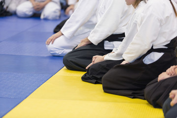 People in kimono and hakama sitting in a long line on martial arts training seminar. Selective focus