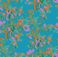 Fototapeta na wymiar Floral seamless background pattern in oriental style. Indian flowers and leaves. Vector illustration hand drawn.