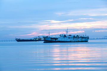 Commercial steel boat on ocean for background photo