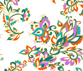 Floral seamless background pattern in oriental style. Indian flowers and leaves. Vector illustration hand drawn.