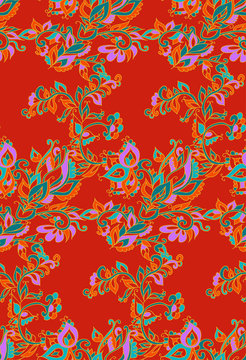 Floral seamless background pattern in oriental style. Indian flowers and leaves. Vector illustration hand drawn.