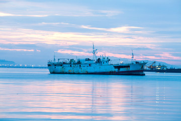 Commercial steel boat on ocean for background photo