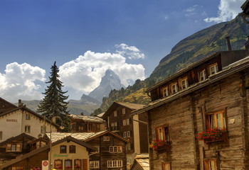 Matterhorn and Zermatt village houses, Switzerland