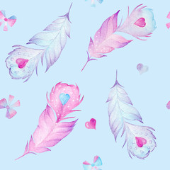 Hand drawn watercolor vintage seamless pattern with feathers, hearts and bows