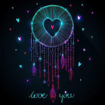 Valentines day design. Vector sparkling dream catcher with heart shape illustration. Native American ancient symbol dreamcatcher, sketch in outlines and magic sparkles