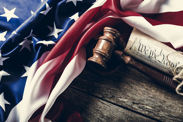 Wooden gavel and USA flag