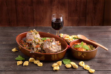 earthenware pan with melted turkey and aromas