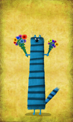 Obraz premium Long Striped Cat Standing On Hind Legs With Flowers