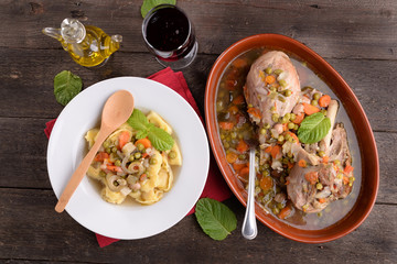 of tortellini dish and pan with melted in turkey broth