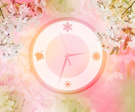 Clock in cherry blossoms. Spring comes. Concept