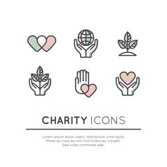 Vector Illustration Icon Set of Graphic Elements for Nonprofit Organizations and Donation Centre. Fundraising Symbols. Crowdfunding Project Label. Charity Logo