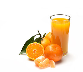Fresh juice in the glass, mandarin  on white background