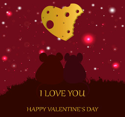 Happy Valentine's Day background. Night landscape. Lovers mouse, starry sky. Heart made of cheese. Poster. Card. Abstract. Vector. 