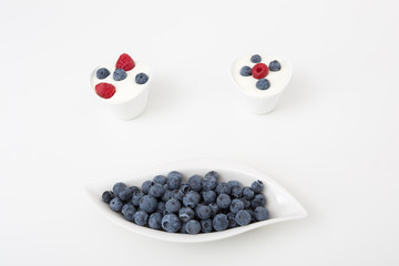 leckeres Yoghurt Dessert mit Himbeeren und Heidelbeeren