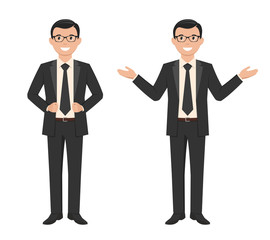 Vector illustration of a young cartoon style smiling businessman in a black suit