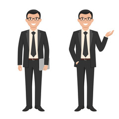 Vector illustration of a young cartoon style smiling businessman in a black suit
