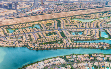 Dubai aerial view of homes near artificial canals