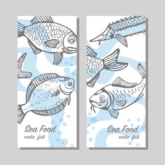 universal cards with pictures of exotic marine fish. creative banners. vector illustration