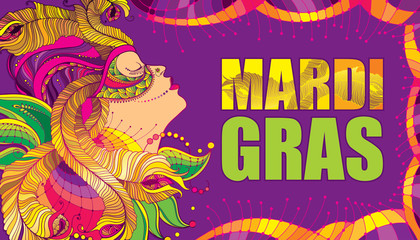 Fototapeta na wymiar Vector poster with profile woman face in carnival mask with outline golden peacock feathers, ornate collar and colorful beads on the violet background. Design for Mardi Gras party in contour style.
