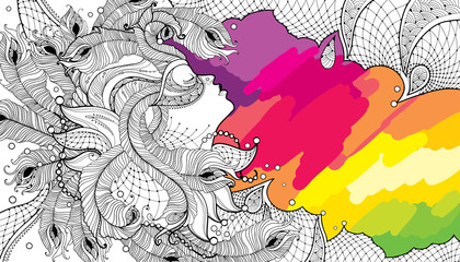 Vector profile woman face in carnival mask with outline peacock feathers, ornate collar and beads on the colorful background. Design for Mardi Gras party in contour style. Elements for coloring book.