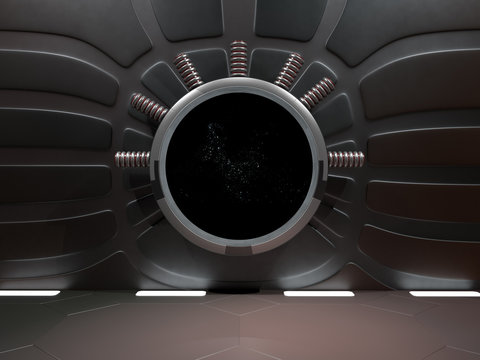 Window view of space with nebula and stars 3D rendering