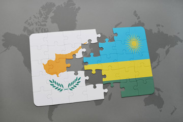 puzzle with the national flag of cyprus and rwanda on a world map