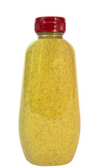 Isolated spicy brown mustard bottle. Vertical.