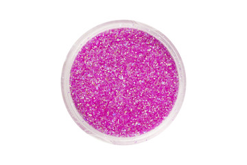 Obraz na płótnie Canvas Pink glitter particles in open container, view from above. Can be used for decorating nails or makeup. Beauty product isolated on white background, with clipping path