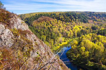 Autumn landscape. View of the Siberian river Berd, from the rock