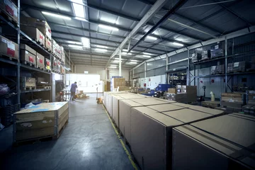 Papier Peint photo Bâtiment industriel warehouse interior with paper boxes and worker with forklift in blue vintage color tone