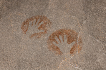 Drawing on a rock cave wall ocher paint, ancient prehistoric Neanderthal man. man surrounded by prehistoric animals, head of intelligence, radiance, lord