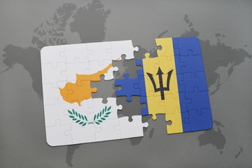 puzzle with the national flag of cyprus and barbados on a world map