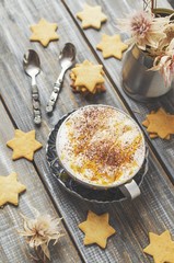 cup of hot cocoa flavored cookies. selective focus, top view