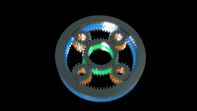 planetary gear with four satellite speakers, a video loop at 3.11 seconds, with alpha channels