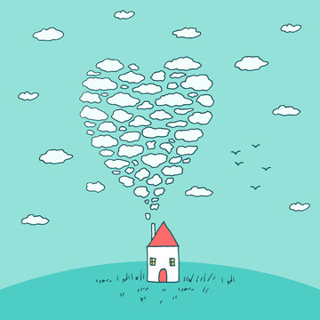 Cute small house with heart shaped flue - vector hand drawn illustration. Cozy sweet home for a family, sketched minimalistic style building. Valentines day or wedding card