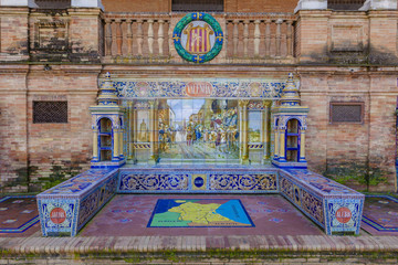 Valencia Province, Glazed tiles bench at Spain Square, Seville - obrazy, fototapety, plakaty