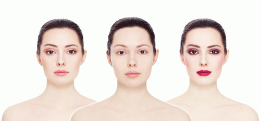 Conceptual collage with three images of one model. Clean face without make-up, natural make-up and...