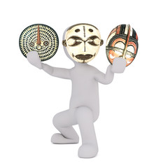 Cartoon Figure Holding and Wearing Tribal Masks