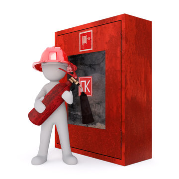 Cartoon Fire Fighter Holding Fire Extinguisher