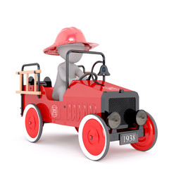 Cartoon Fire Fighter Driving Antique Fire Truck