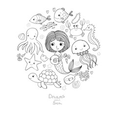 Fototapeta premium Marine illustrations set. Little cute cartoon mermaid, funny fish, starfish, bottle with a note, algae, various shells and crab. Sea theme.