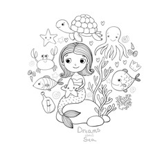 Obraz premium Zestaw ilustracji morskich. Mała syrenka z kreskówek, zabawna ryba, rozgwiazda, butelka z notatką, algi, różne muszle i kraby. Motyw morski.