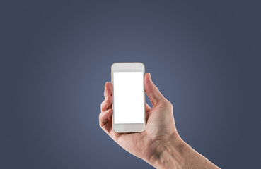 Male right hand holding smartphone with blank screen