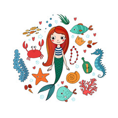 Marine illustrations set. Little cute cartoon mermaid, funny fish, starfish, bottle with a note, algae, various shells and crab. Sea theme.