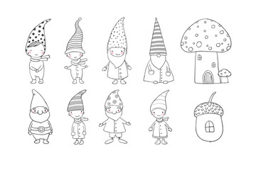 Set of cute cartoon gnomes. Funny elves. Hand drawing isolated objects on white background. Vector illustration.