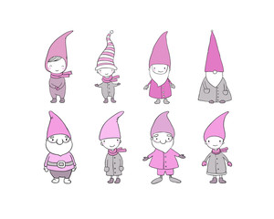 Set of cute cartoon gnomes. Funny elves. Hand drawing isolated objects on white background. Vector illustration.