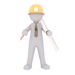 Cartoon Architect with Hard Hat, Ruler and Pencil