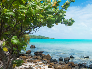 Karibischer Inselblick Strand mit blauen klarem Wasser auf Aitutaki
