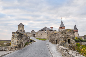 Kamianets-Podilskyi, Ukraine - October 20, 2016. Old Kamenetz-Podolsk fortress near Kamianets-Podilskyi town. Ancient beautiful view of medieval castle in Kamenetz-Podolsky, Khmelnitsky region